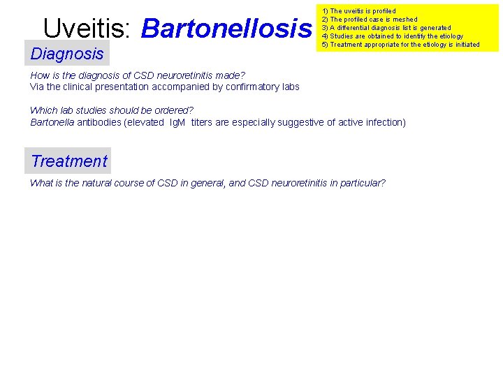 Uveitis: Bartonellosis Diagnosis 1) The uveitis is profiled 2) The profiled case is meshed