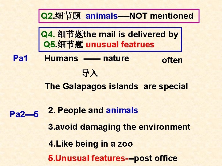 Q 2. 细节题 animals----NOT mentioned Q 4. 细节题the mail is delivered by Q 5.