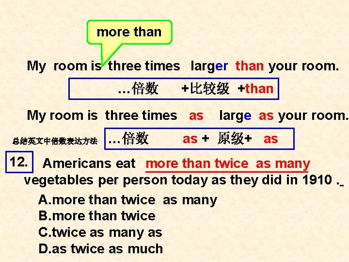 more than My room is three times larger than your room. …倍数 +比较级 +than