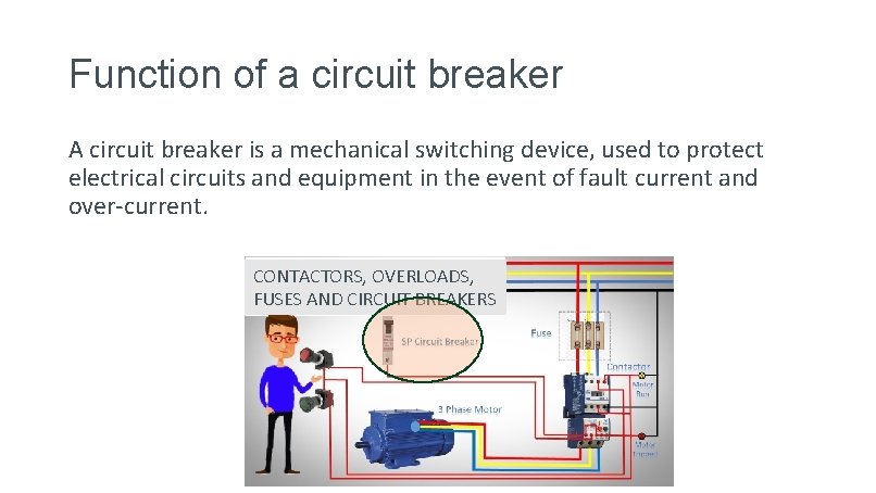 Function of a circuit breaker A circuit breaker is a mechanical switching device, used