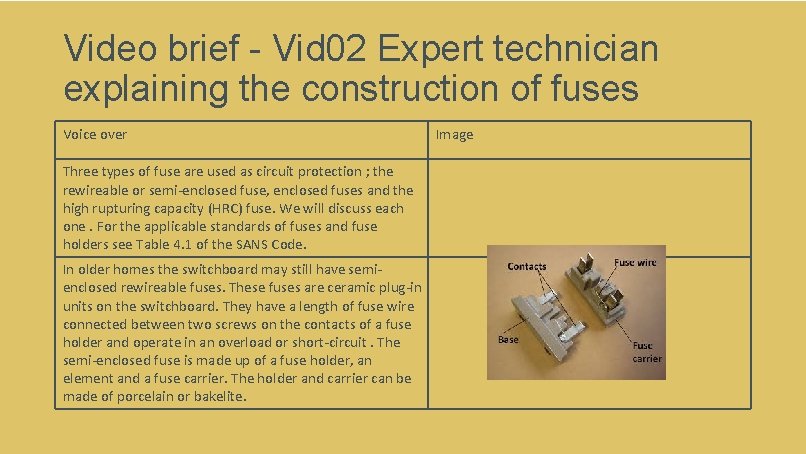 Video brief - Vid 02 Expert technician explaining the construction of fuses Voice over