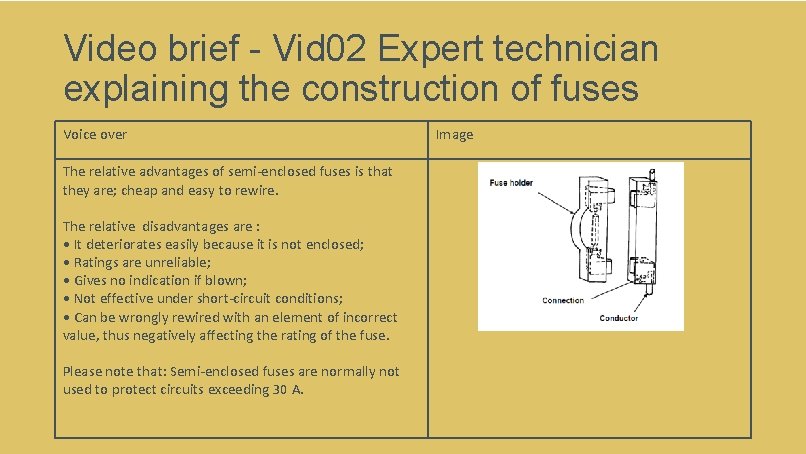 Video brief - Vid 02 Expert technician explaining the construction of fuses Voice over