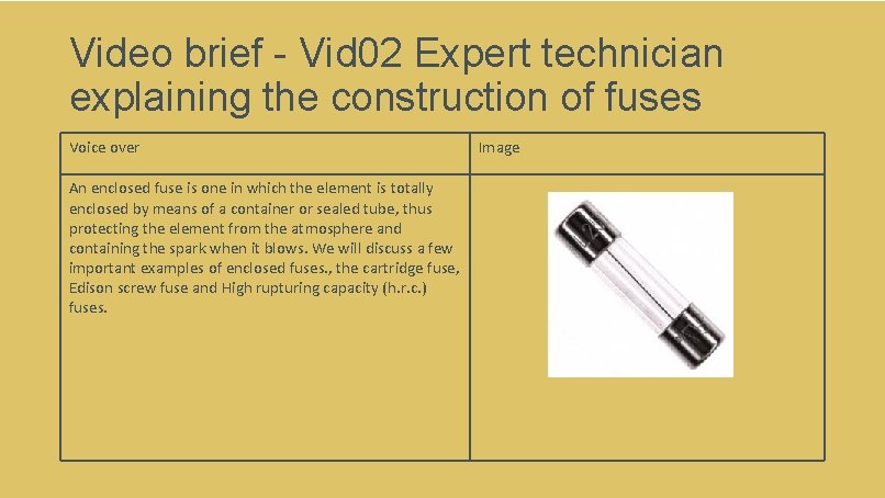 Video brief - Vid 02 Expert technician explaining the construction of fuses Voice over