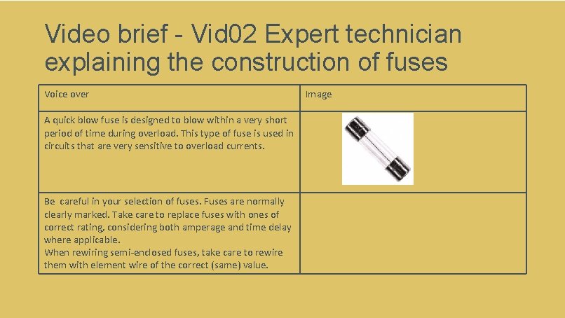 Video brief - Vid 02 Expert technician explaining the construction of fuses Voice over