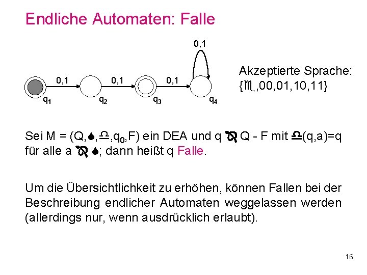 Endliche Automaten: Falle 0, 1 q 1 0, 1 q 2 Akzeptierte Sprache: {