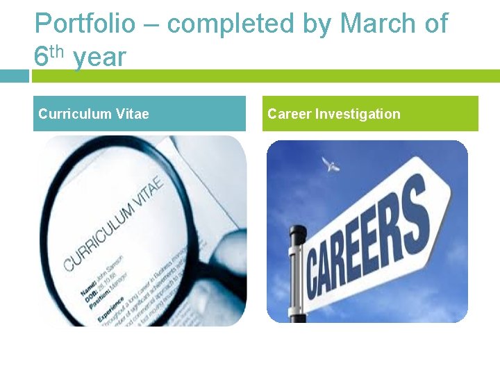 Portfolio – completed by March of 6 th year Curriculum Vitae Career Investigation 