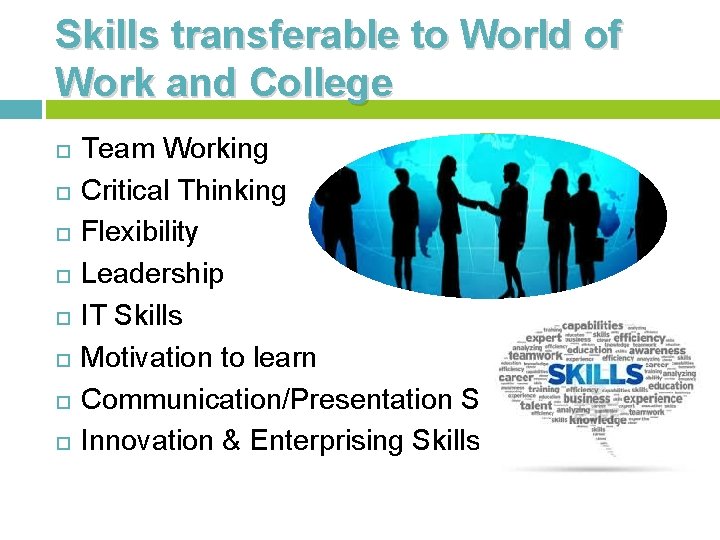 Skills transferable to World of Work and College Team Working Critical Thinking Flexibility Leadership