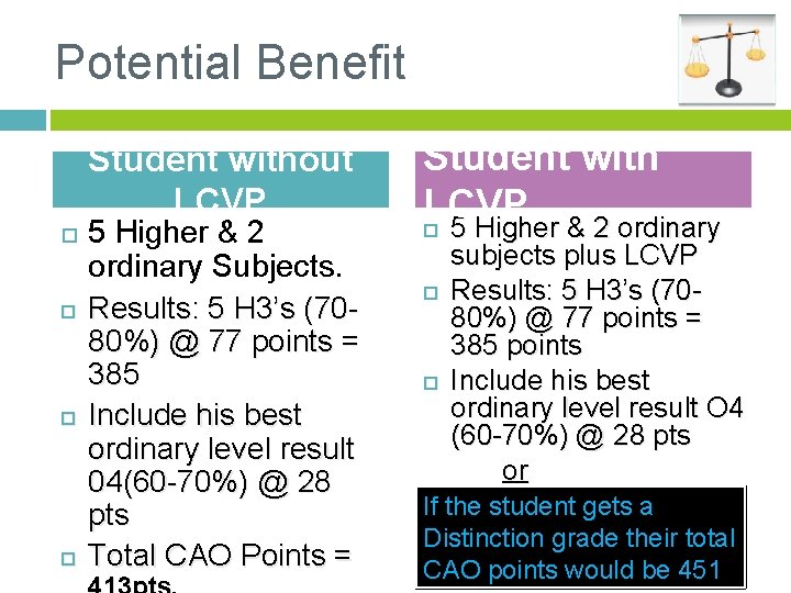 Potential Benefit Student without LCVP 5 Higher & 2 ordinary Subjects. Results: 5 H