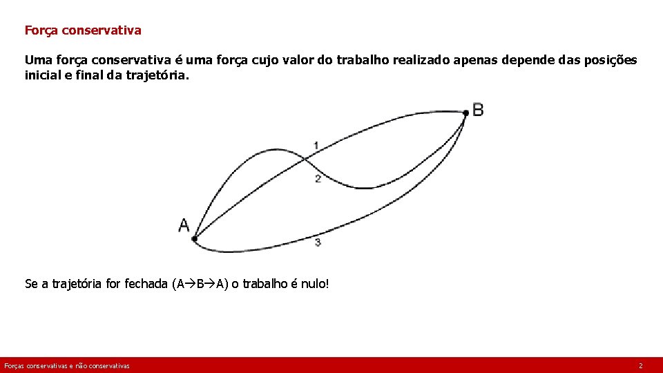 Força conservativa Uma força conservativa é uma força cujo valor do trabalho realizado apenas