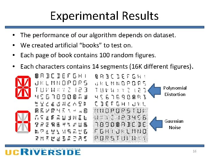 Experimental Results • The performance of our algorithm depends on dataset. • We created