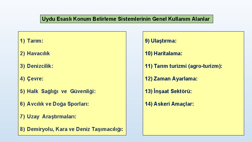 Uydu Esaslı Konum Belirleme Sistemlerinin Genel Kullanım Alanlar 1) Tarım: 9) Ulaştırma: 2) Havacılık
