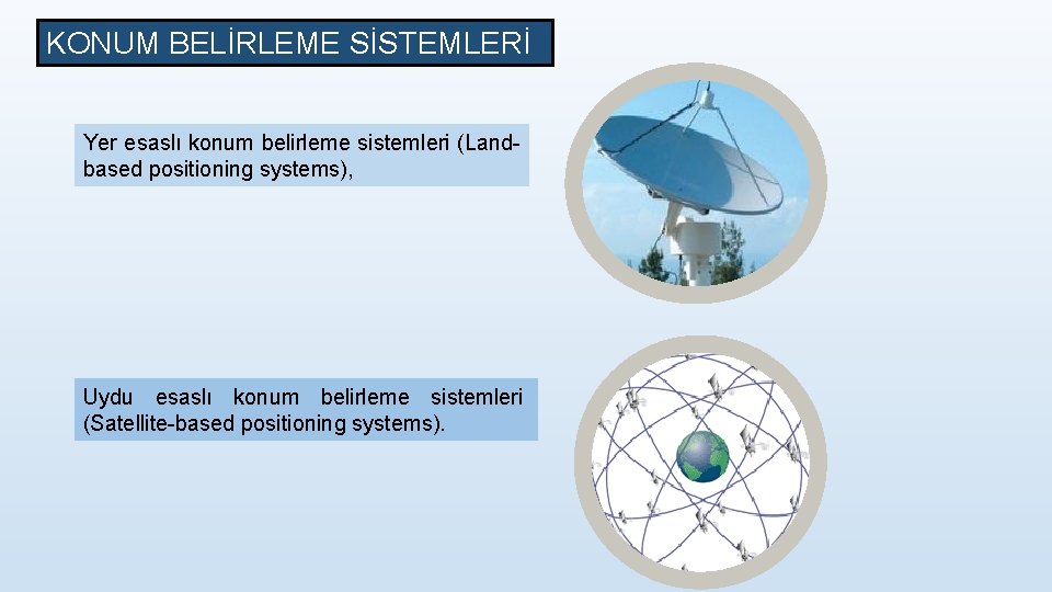 KONUM BELİRLEME SİSTEMLERİ Yer esaslı konum belirleme sistemleri (Landbased positioning systems), Uydu esaslı konum