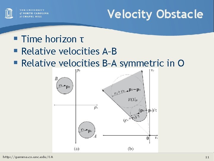 Velocity Obstacle § Time horizon τ § Relative velocities A–B § Relative velocities B–A