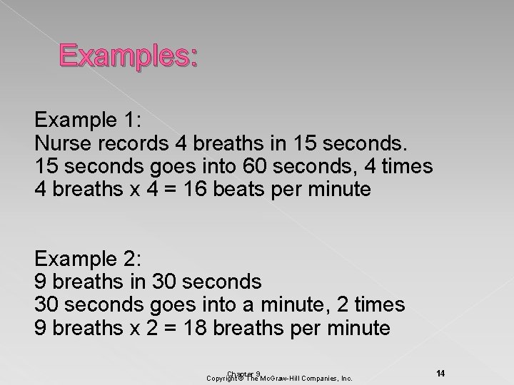 Examples: Example 1: Nurse records 4 breaths in 15 seconds goes into 60 seconds,