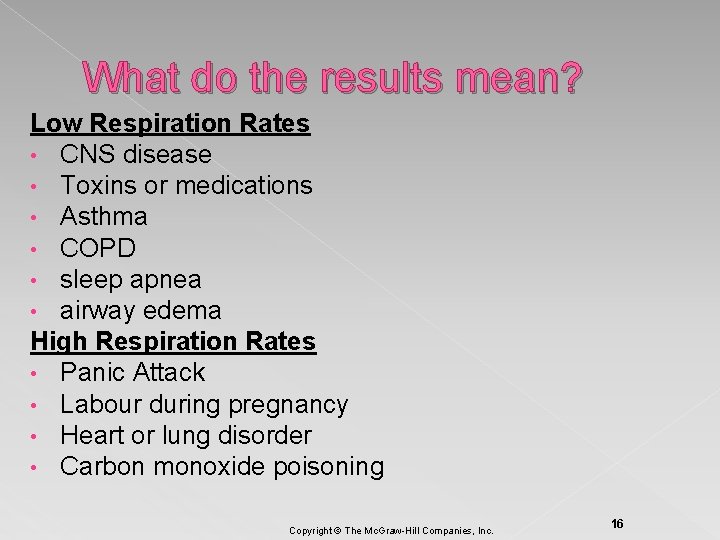 What do the results mean? Low Respiration Rates • CNS disease • Toxins or