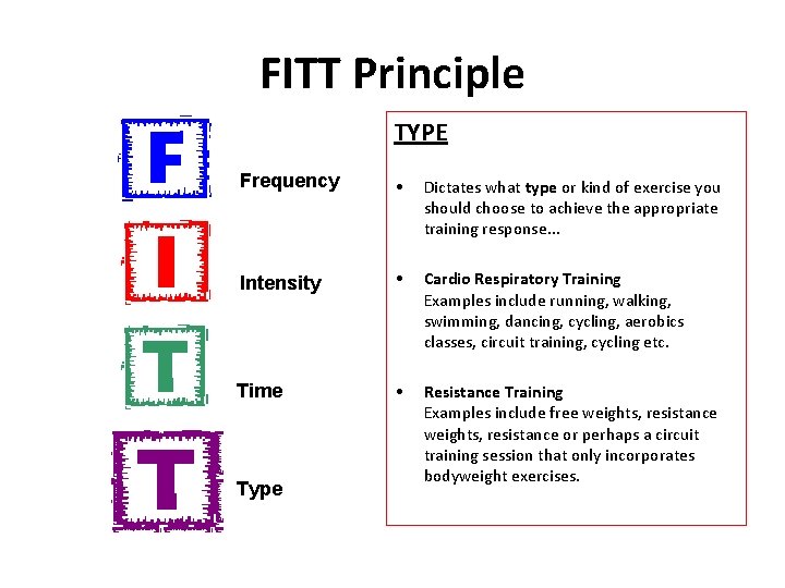 FITT Principle TYPE Frequency • Dictates what type or kind of exercise you should