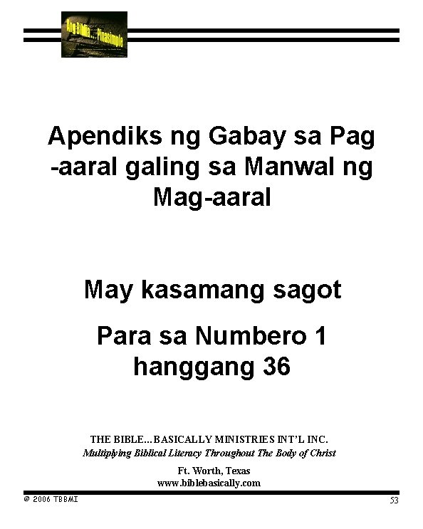 Pantas-Aral Gabay sa Pag-aaral Numero Apendiks ng Gabay sa Pag -aaral galing sa Manwal