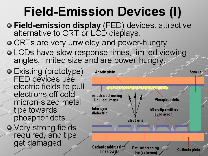Field-Emission Devices (I) Field-emission display (FED) devices: attractive alternative to CRT or LCD displays.