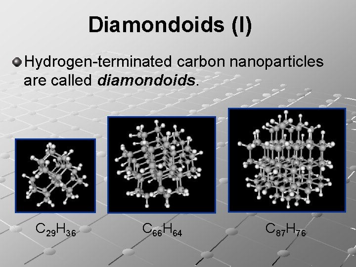 Diamondoids (I) Hydrogen-terminated carbon nanoparticles are called diamondoids. C 29 H 36 C 66