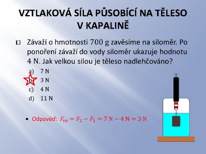 VZTLAKOVÁ SÍLA PŮSOBÍCÍ NA TĚLESO V KAPALINĚ � 