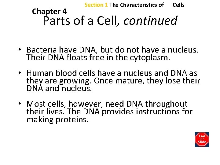 Chapter 4 Section 1 The Characteristics of Cells Parts of a Cell, continued • Chapter 4 Section 1 The Characteristics of Cells Parts of a Cell, continued •
