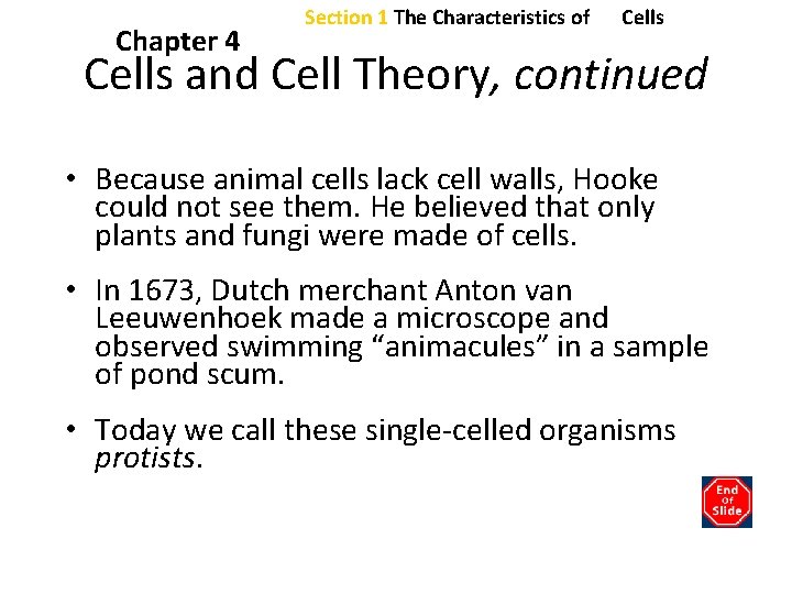 Chapter 4 Section 1 The Characteristics of Cells and Cell Theory, continued • Because Chapter 4 Section 1 The Characteristics of Cells and Cell Theory, continued • Because