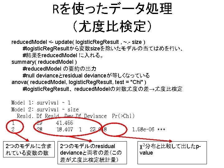 Rを使ったデータ処理 （尤度比検定） reduced. Model <- update( logistic. Reg. Result , ~. - size )