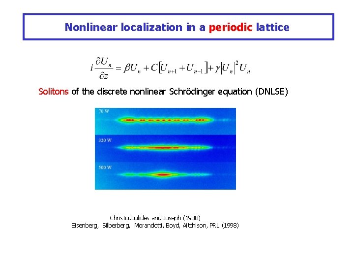 Nonlinear localization in a periodic lattice Solitons of the discrete nonlinear Schrödinger equation (DNLSE)