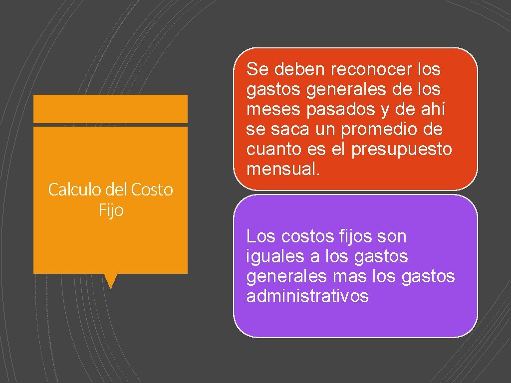 Calculo del Costo Fijo Se deben reconocer los gastos generales de los meses pasados