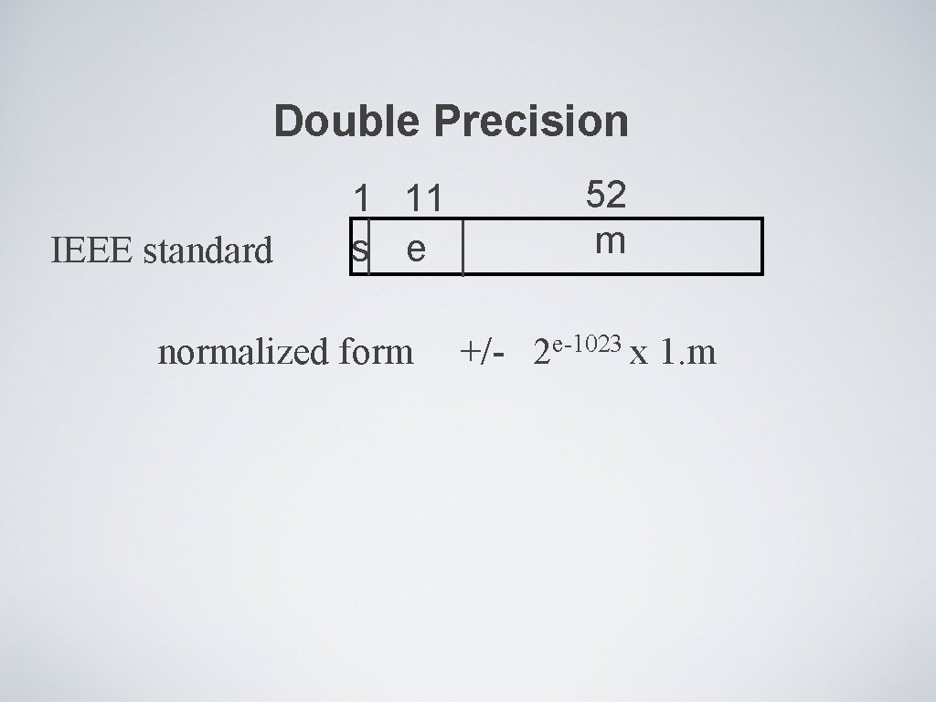 Double Precision IEEE standard 1 11 s e normalized form 52 m +/- 2