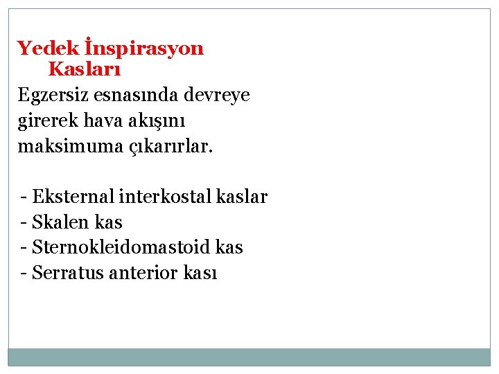 Yedek İnspirasyon Kasları Egzersiz esnasında devreye girerek hava akışını maksimuma çıkarırlar. - Eksternal interkostal