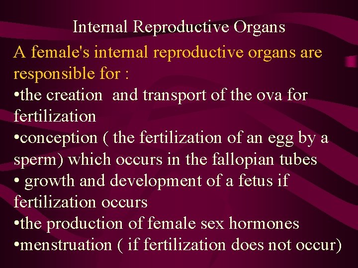 Internal Reproductive Organs A female's internal reproductive organs are responsible for : • the