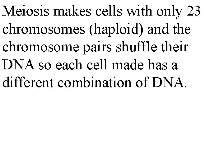 Meiosis makes cells with only 23 chromosomes (haploid) and the chromosome pairs shuffle their