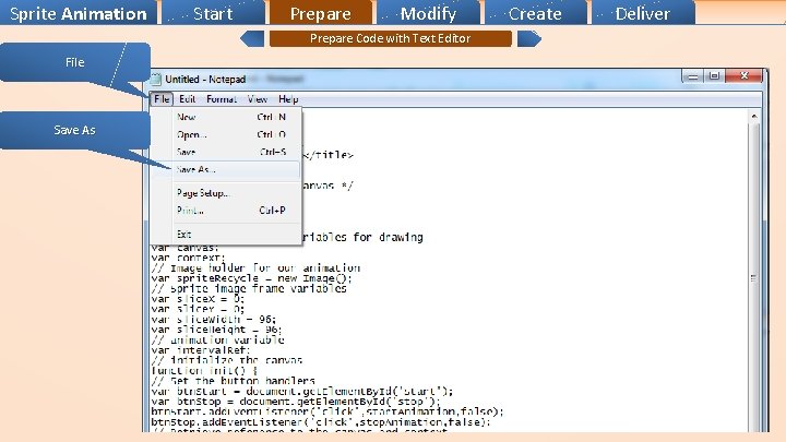 Sprite Animation Start Prepare Modify Prepare Code with Text Editor File Save As Create