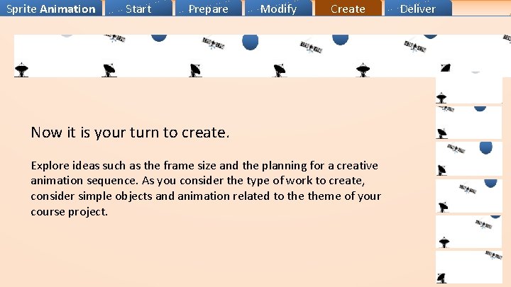 Sprite Animation Start Prepare Modify Create Now it is your turn to create. Explore