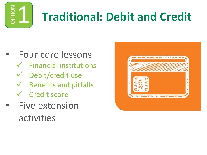 Traditional: Debit and Credit • Four core lessons ü ü Financial institutions Debit/credit use