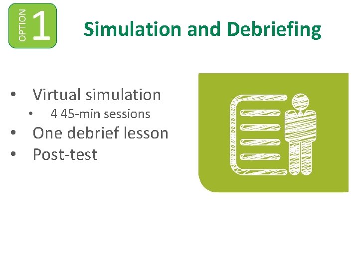 Simulation and Debriefing • Virtual simulation • 4 45 -min sessions • One debrief