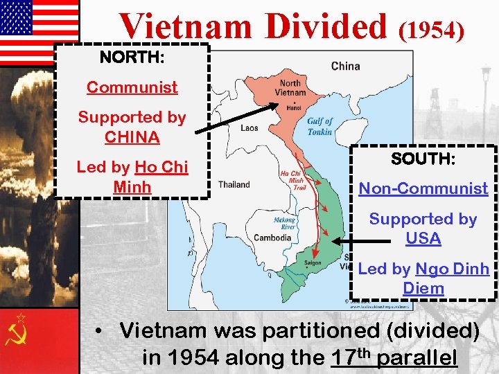 Vietnam Divided (1954) NORTH: Communist Supported by CHINA Led by Ho Chi Minh SOUTH: