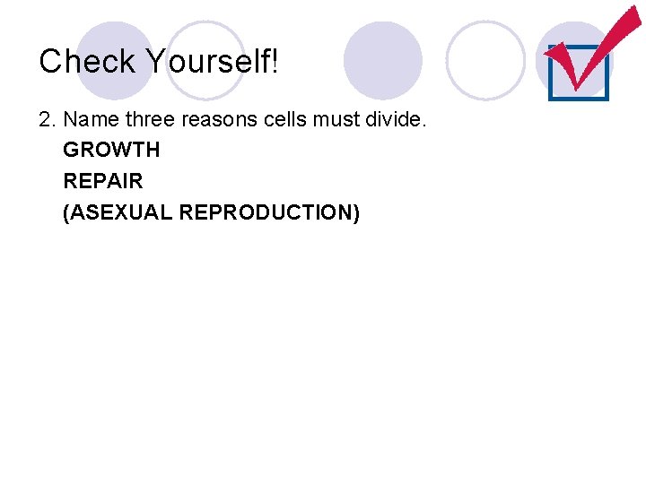Check Yourself! 2. Name three reasons cells must divide. GROWTH REPAIR (ASEXUAL REPRODUCTION) 