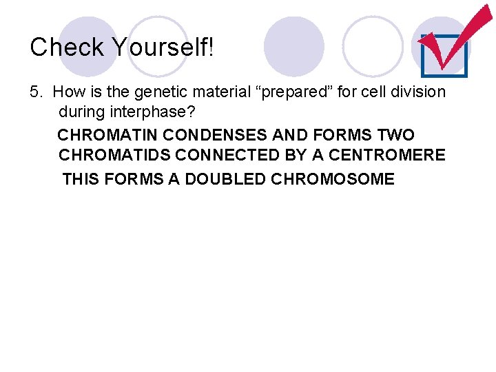 Check Yourself! 5. How is the genetic material “prepared” for cell division during interphase?