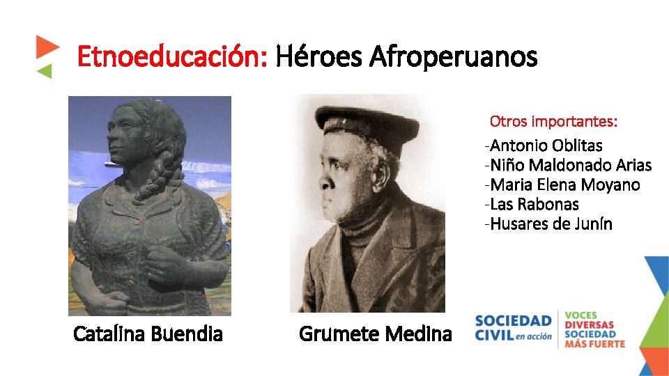 Etnoeducación: Héroes Afroperuanos Otros importantes: -Antonio Oblitas -Niño Maldonado Arias -Maria Elena Moyano -Las Etnoeducación: Héroes Afroperuanos Otros importantes: -Antonio Oblitas -Niño Maldonado Arias -Maria Elena Moyano -Las
