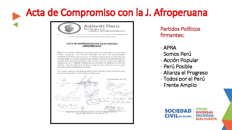 Acta de Compromiso con la J. Afroperuana Partidos Políticos firmantes: - APRA - Somos