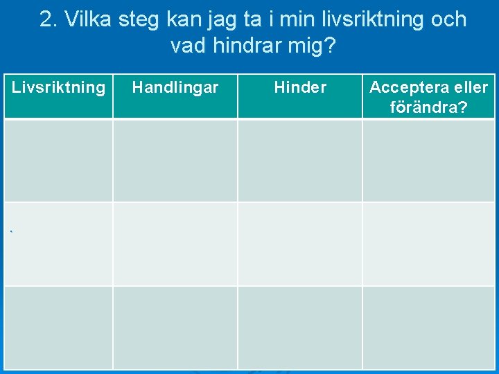 2. Vilka steg kan jag ta i min livsriktning och vad hindrar mig? Livsriktning