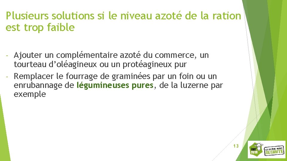 Plusieurs solutions si le niveau azoté de la ration est trop faible Ajouter un