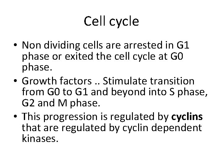Cell cycle • Non dividing cells are arrested in G 1 phase or exited