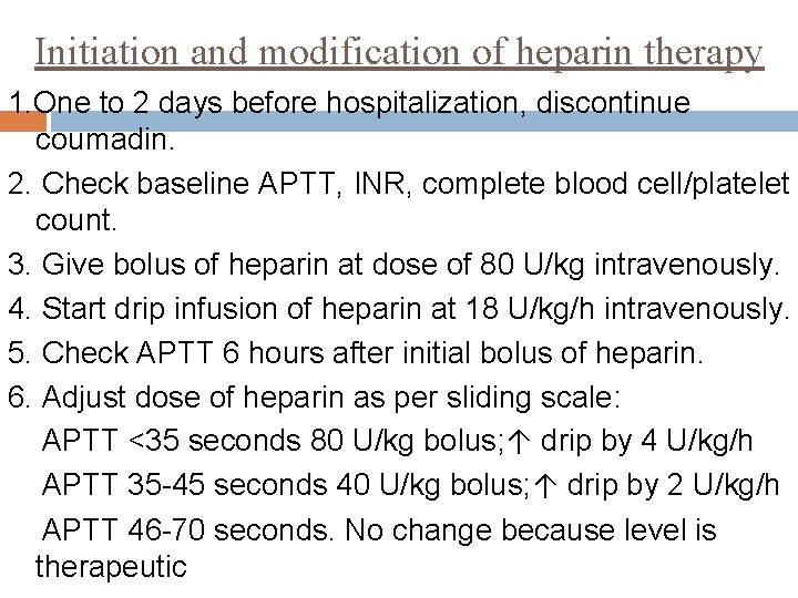 Initiation and modification of heparin therapy 1. One to 2 days before hospitalization, discontinue