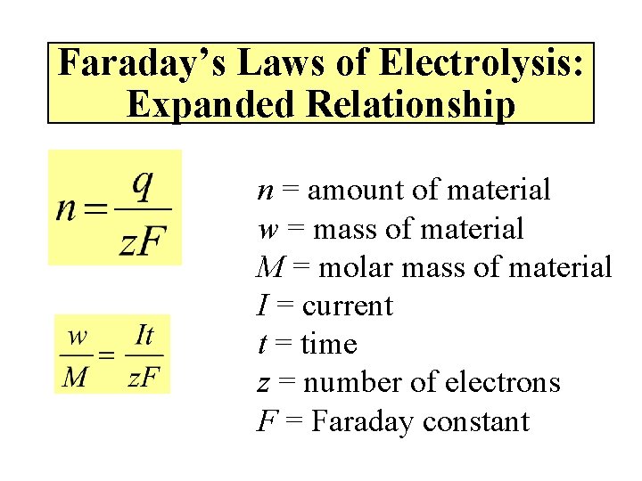 Faraday’s Laws of Electrolysis: Expanded Relationship n = amount of material w = mass