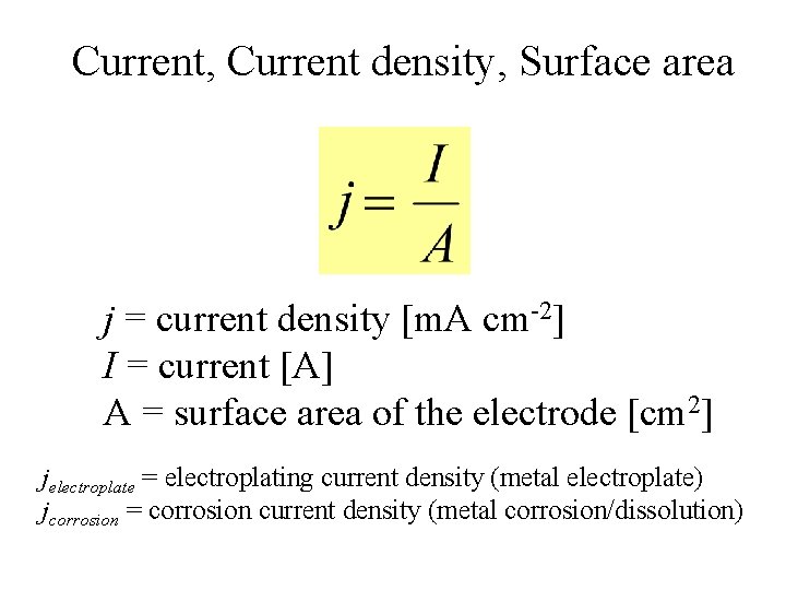 Current, Current density, Surface area j = current density [m. A cm-2] I =