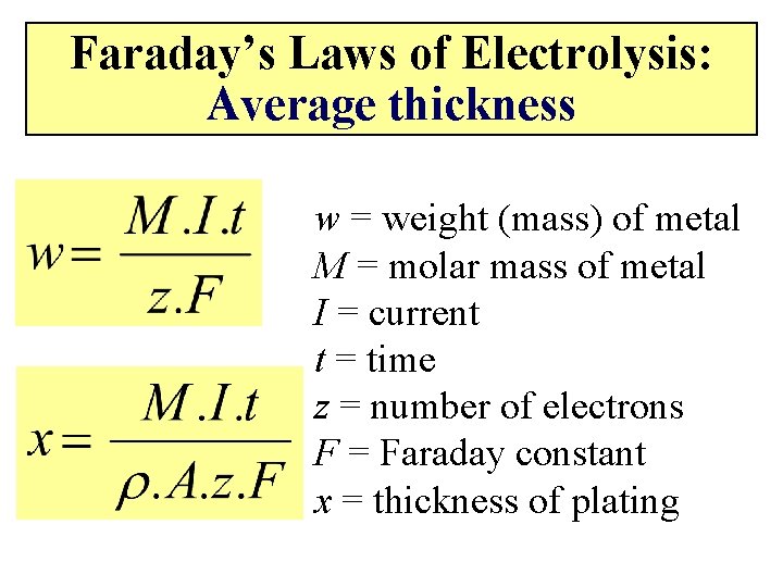 Faraday’s Laws of Electrolysis: Average thickness w = weight (mass) of metal M =