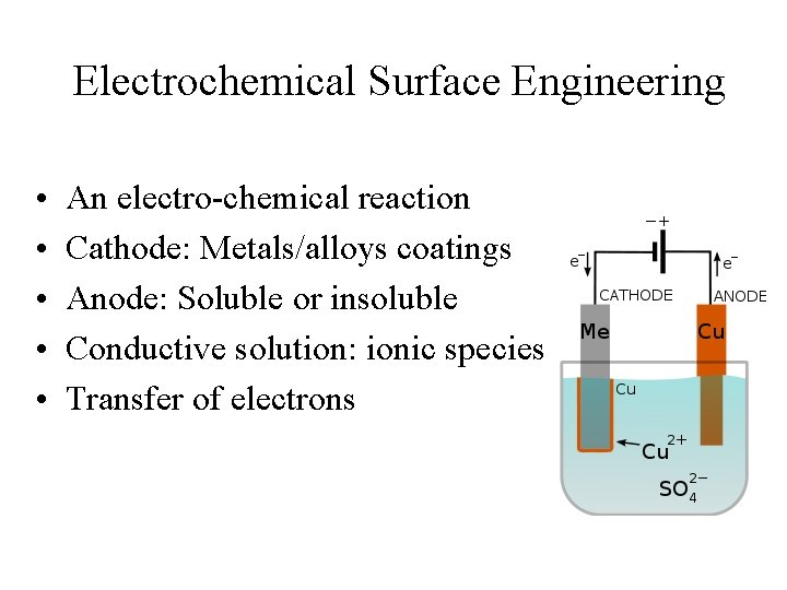 Electrochemical Surface Engineering • • • An electro-chemical reaction Cathode: Metals/alloys coatings Anode: Soluble